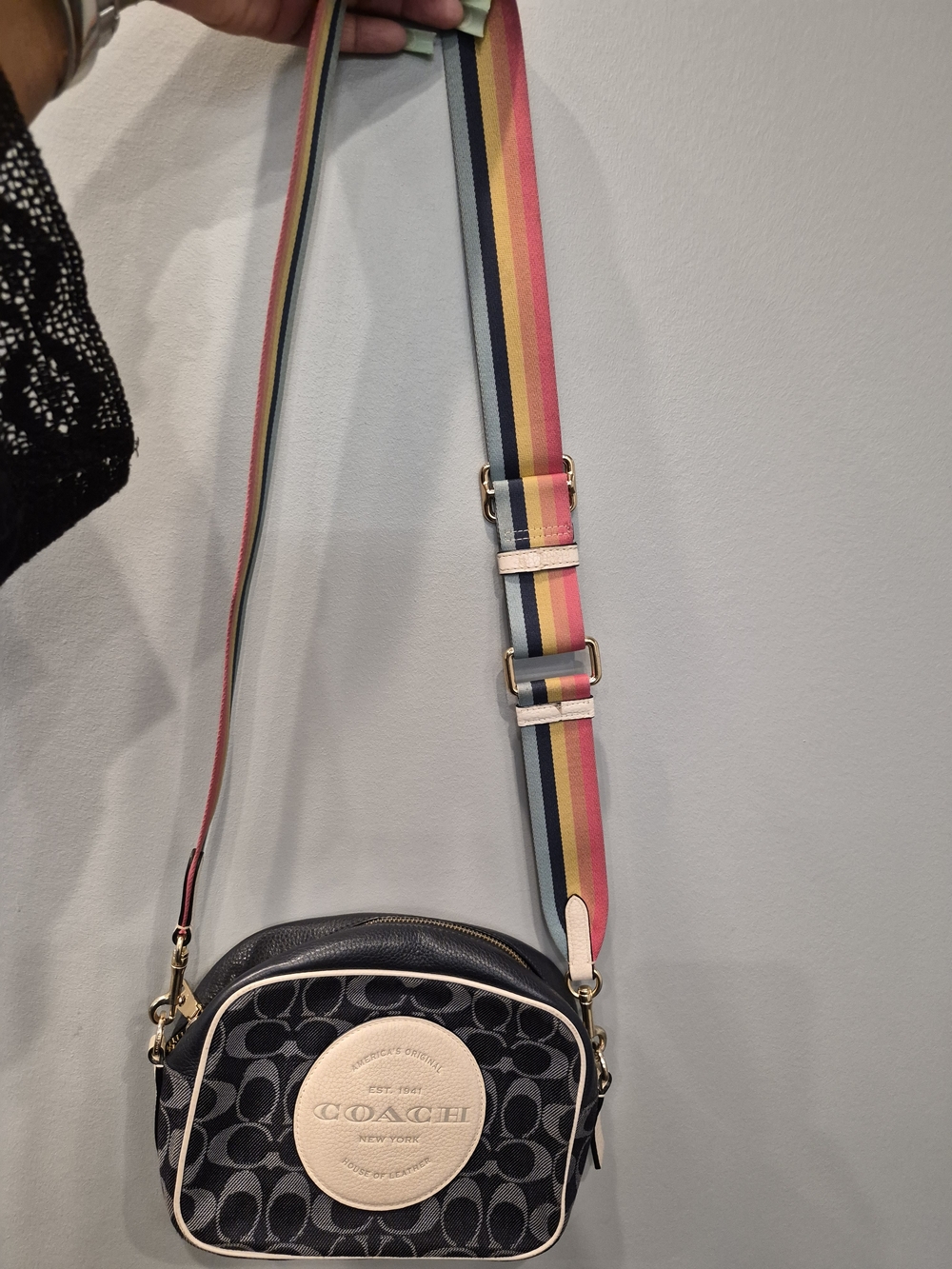 Coach Black Signature Crossbody with Pink Trim and Multi-Color Strap